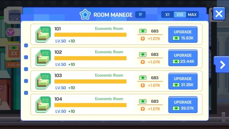 how to upgrade the bottom rooms in super hotel tycoon