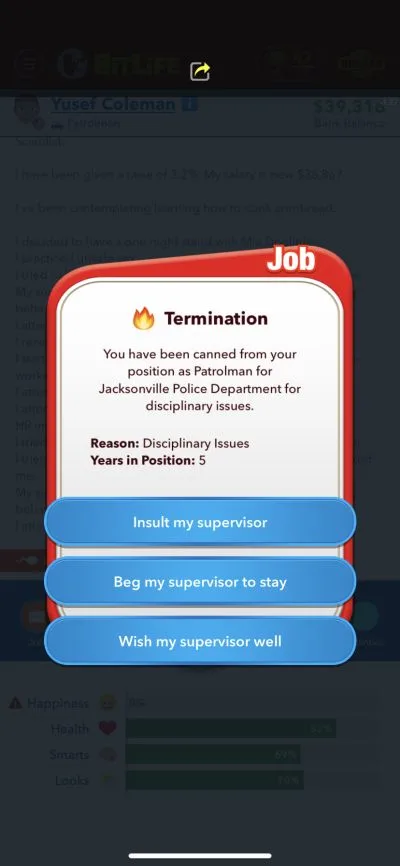 bitlife job termination