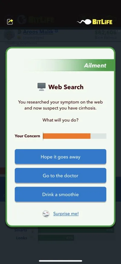 how to check the symptoms of disease in bitlife