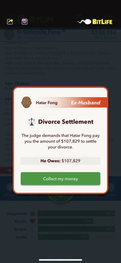 bitlife divorce settlement