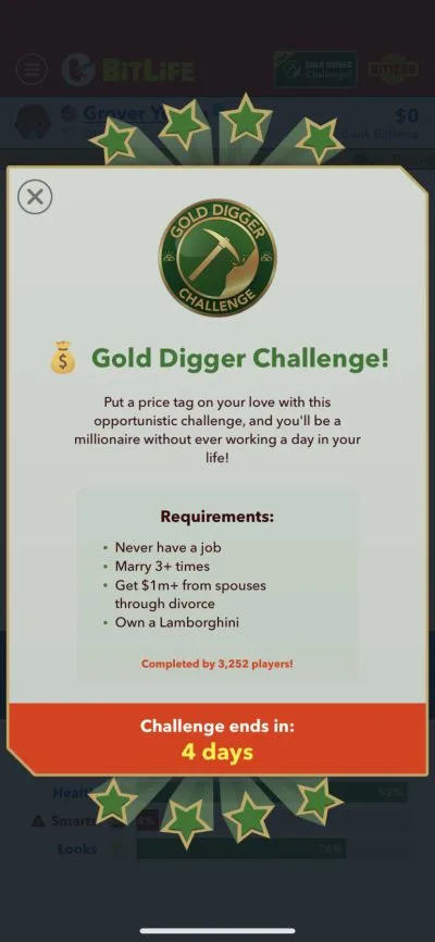 bitlife gold digger challenge requirements