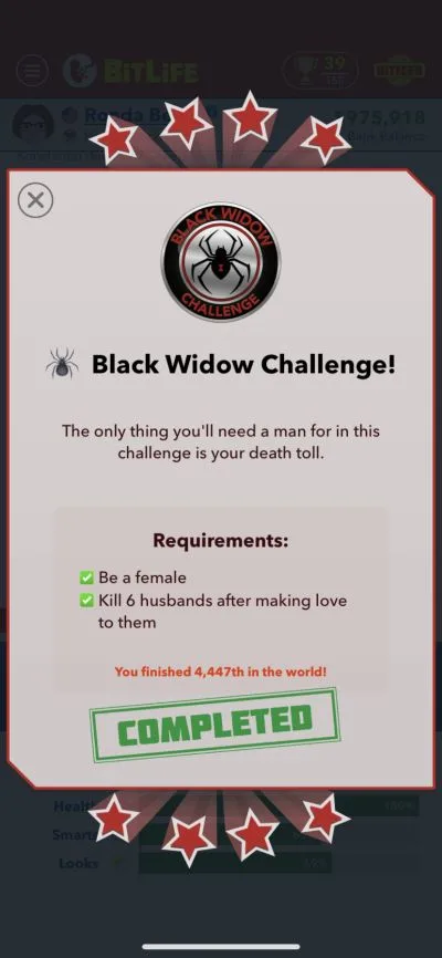bitlife black widow challenge requirements