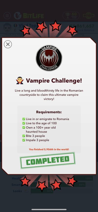 bitlife vampire challenge requirements