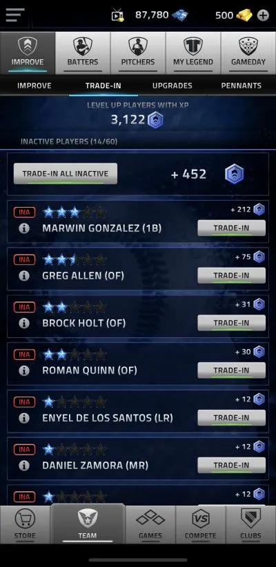 howt to trade-in a player in mlb tap sports baseball 2020