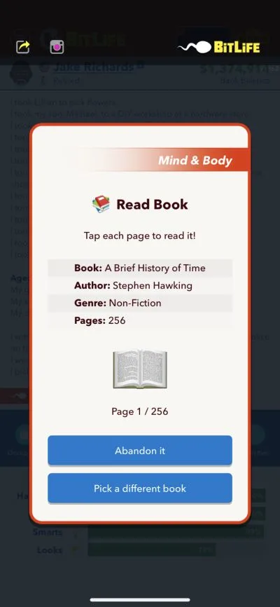 reading a book in bitlife