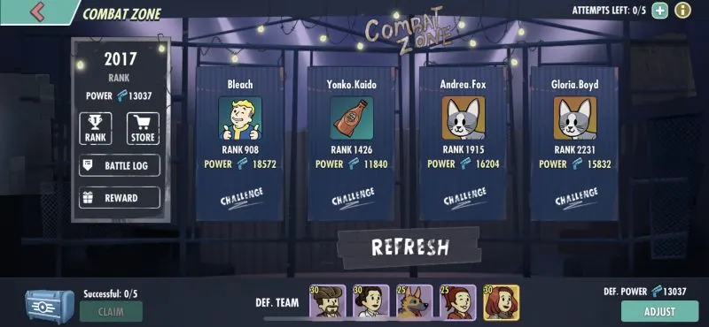 fallout shelter online combat zone ranking