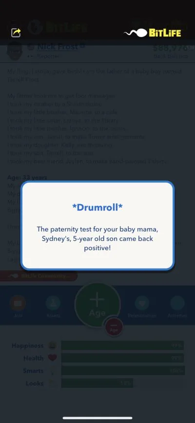 bitlife paternity test result