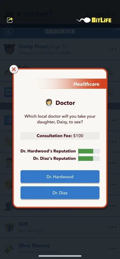 taking daughter to the doctor in bitlife
