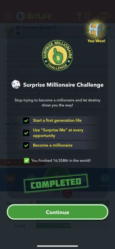 bitlife surprise millionaire challenge requirements