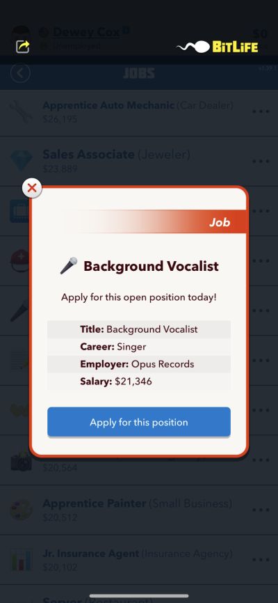 background vocalist job in bitlife