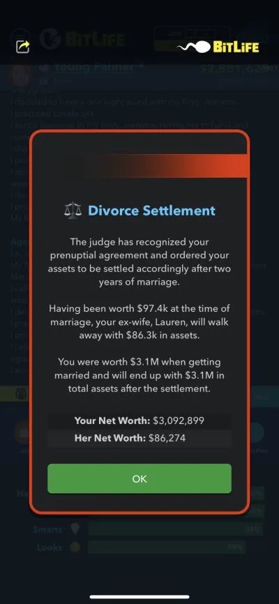 bitlife divorce settlement