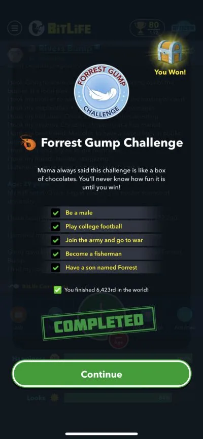 bitlife forrest gump challenge requirements