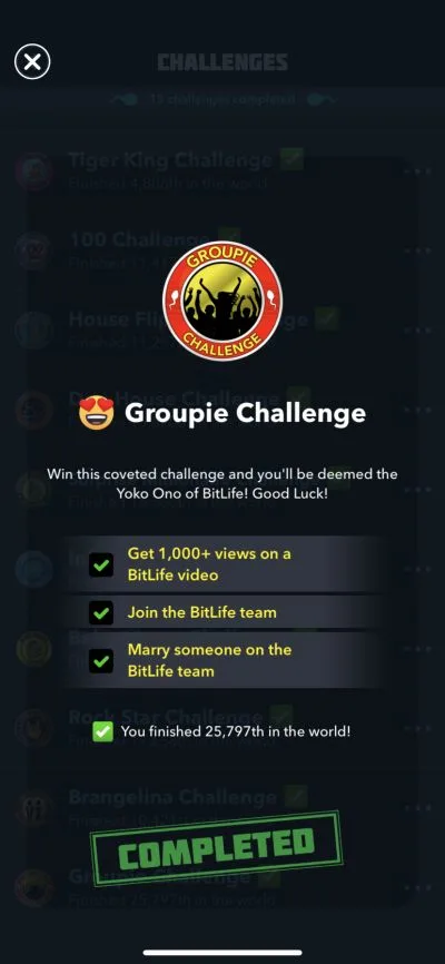 bitlife groupie challenge requirements