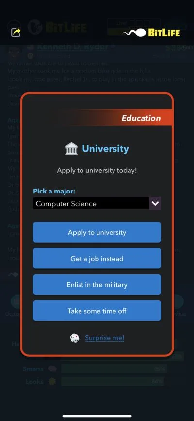 bitlife university application