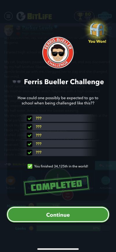 bitlife ferris bueller challenge requirements