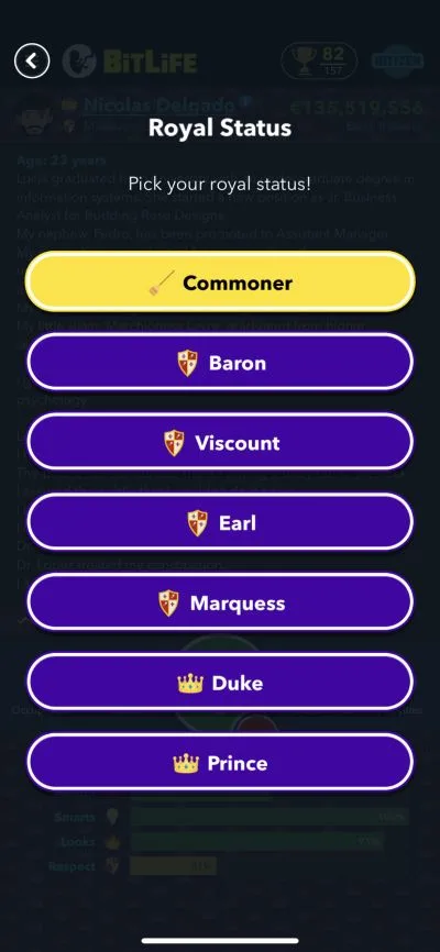 royal status in bitlife