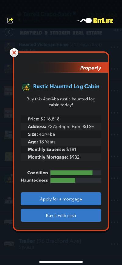 bitlife rustic haunted log cabin