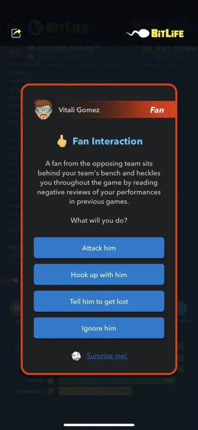 interacting with fans in bitlife