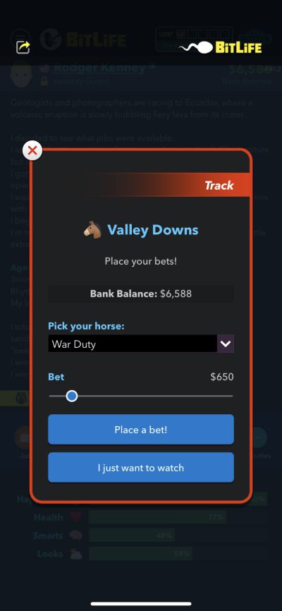 betting on horse race in bitlife