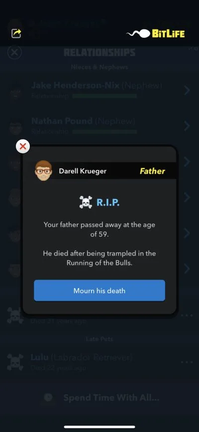 mourning death in bitlife