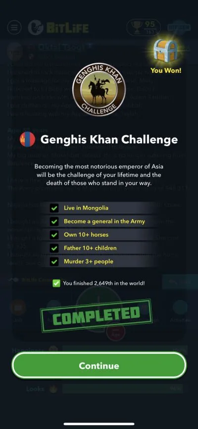 bitlife genghis khan challenge requirements