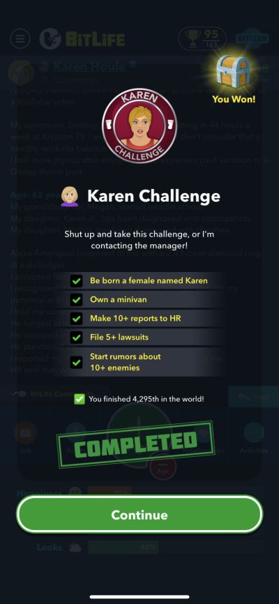 bitlife karen challenge requirements