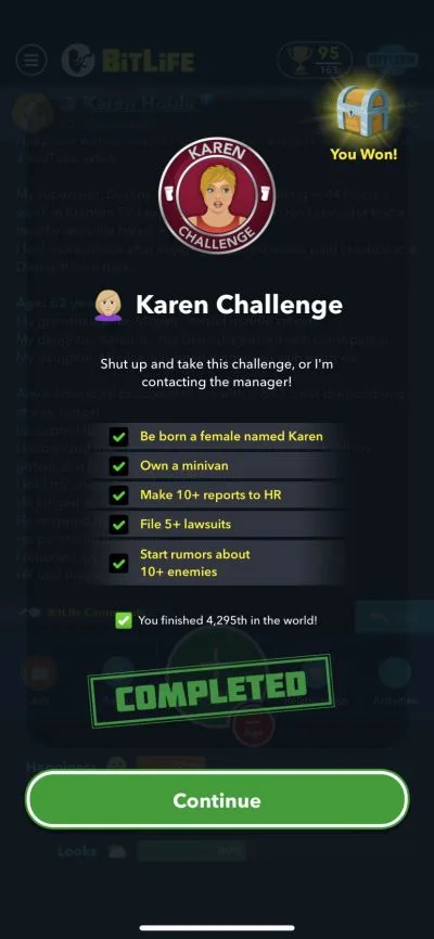 bitlife karen challenge requirements