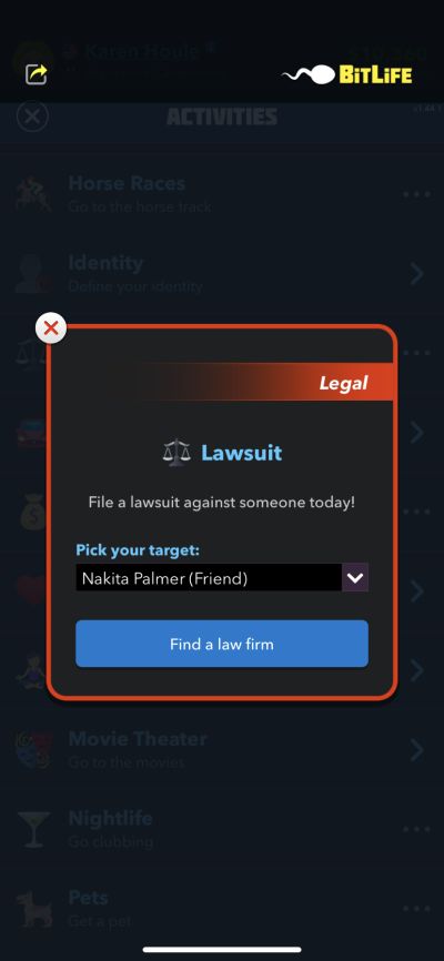 how to start a lawsuit in bitlife