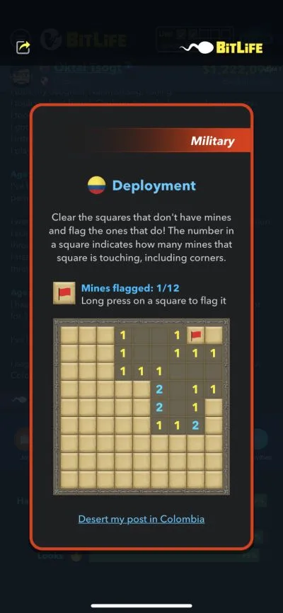 minesweeper mini-game in bitlife