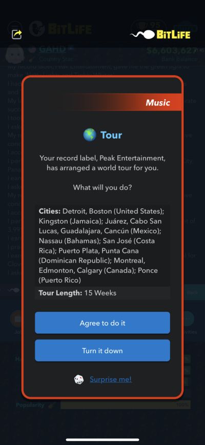 going on world tour in bitlife