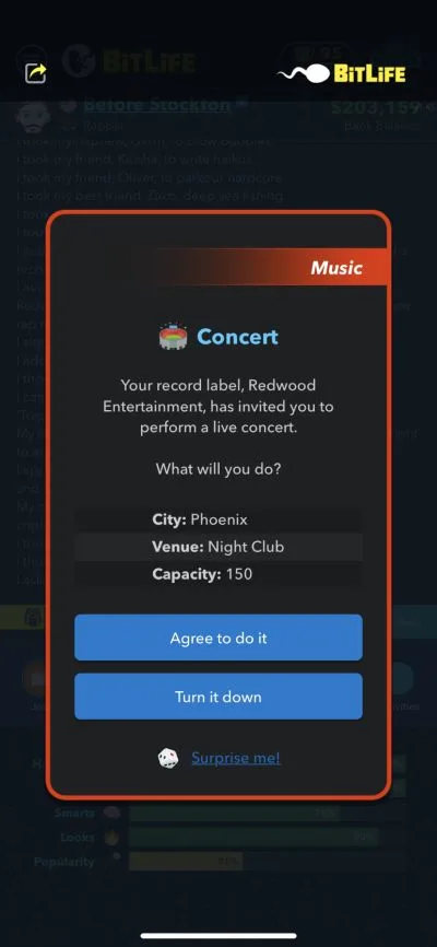 performing a concert in bitlife
