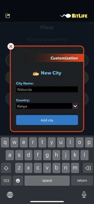 naming city as wakanda in bitlife