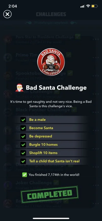 bitlife bad santa challengeq requirements