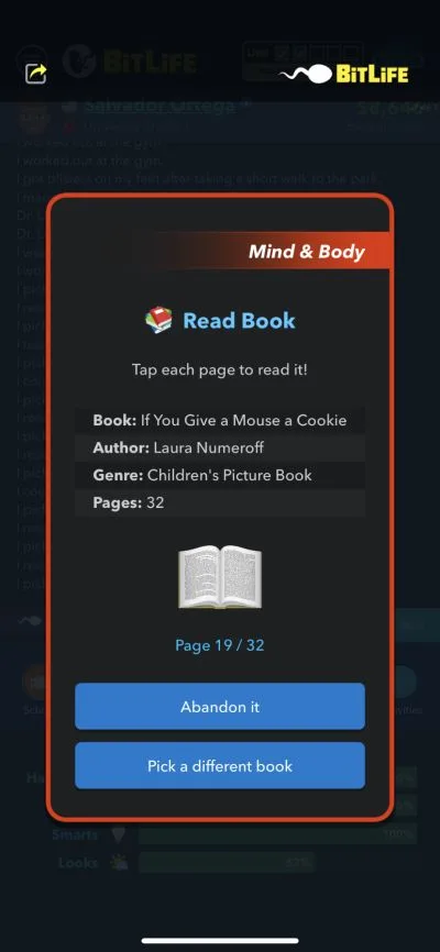 reading a short book in bitlife