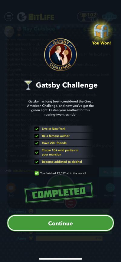 bitlife gatsby challenge requirements