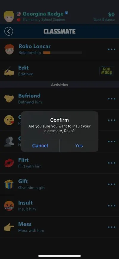 insulting a classmate in bitlife