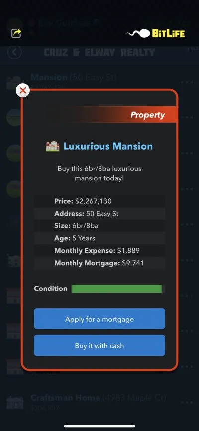 buying a luxurious mansion in bitlife