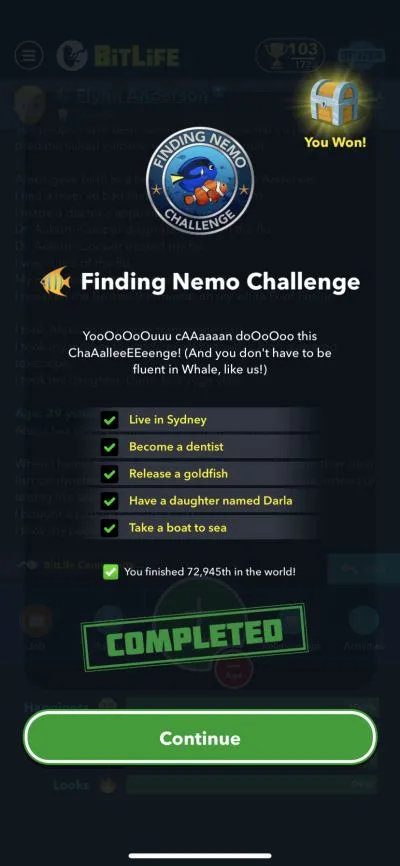 bitlife finding nemo challenge requirements
