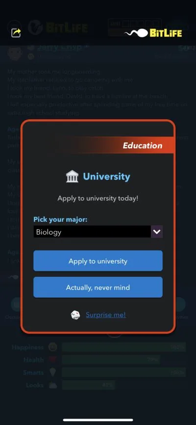 bitlife university application