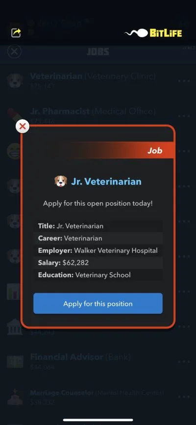 bitlife veterinarian job