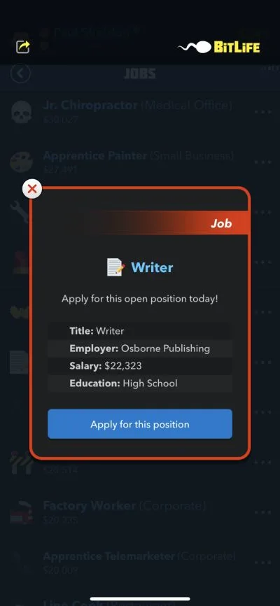 applying for writer positon in bitlife