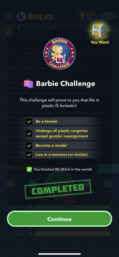 bitlife barbie challenge requirements