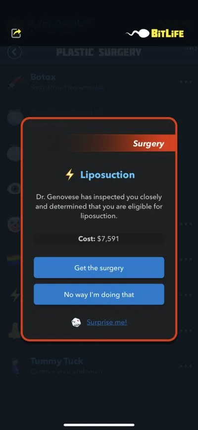 bitlife liposuction surgery