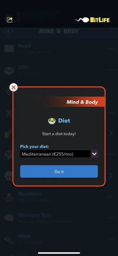 starting a diet in bitlife