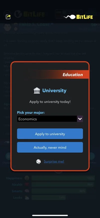 bitlife university application