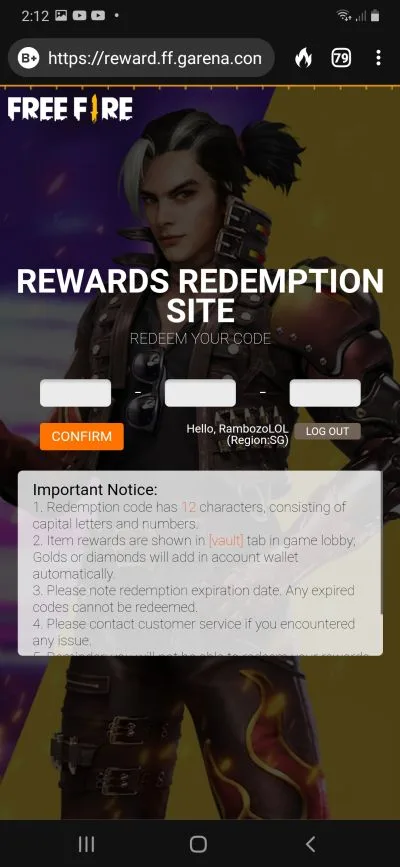 garena free fire redeem code step 3