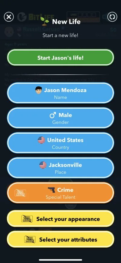 character creation in bitlife