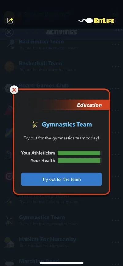 practicing gymnastics in bitlife