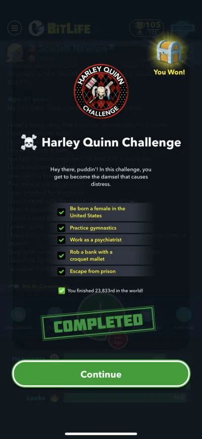 bitlife harley quinn challenge requirements