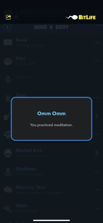 practicing meditation in bitlife